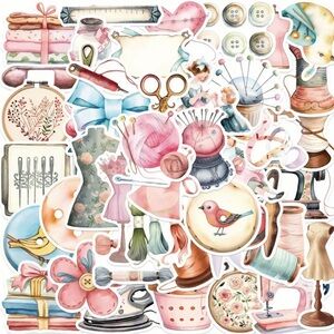 Charming Sewing Craft Sticker Set - Pink, Blue, Brown 50 pcs